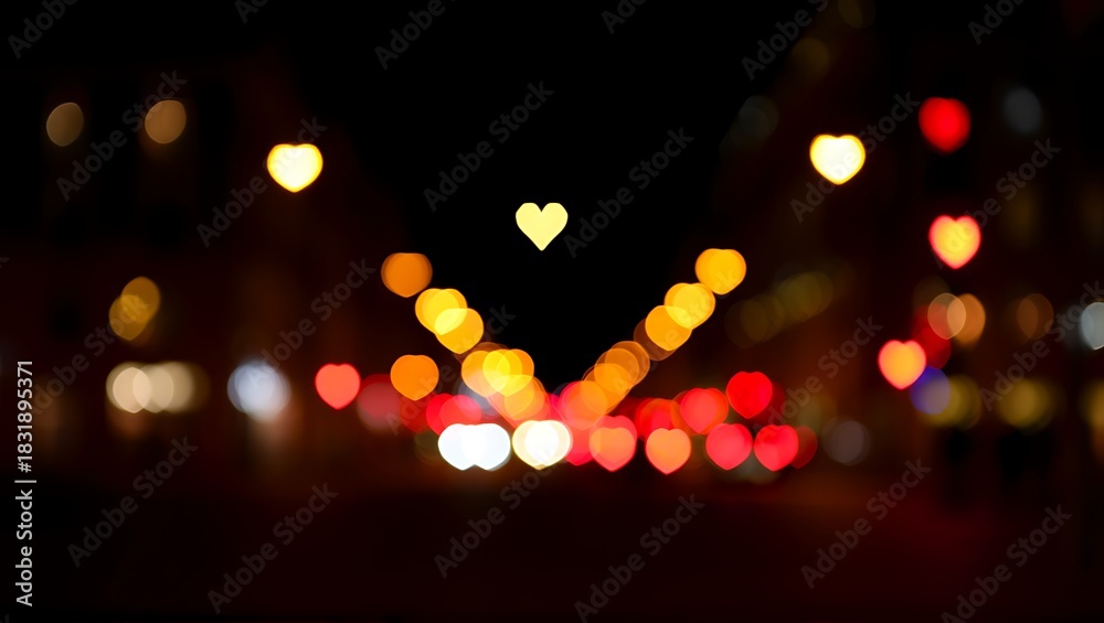 Fototapeta premium Abstract Blurred Night City Lights with Heart Shaped Bokeh Background for Valentine's Day