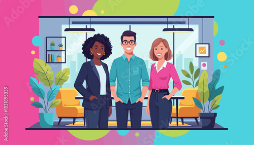 Diverse team of three business professionals smiling in a vibrant modern office environment