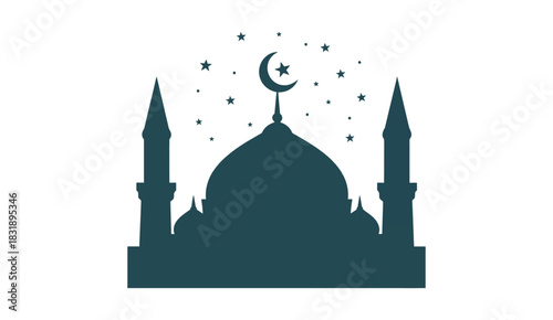 Islamic Mosque Silhouette with Crescent Moon and Stars