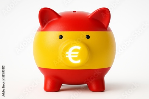 Piggy bank in Spanish flag colors with glowing euro symbol, isolated on white background.