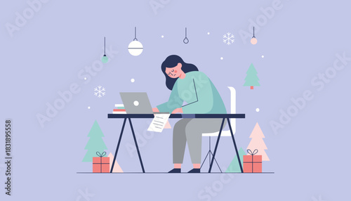 Tired woman working on a laptop surrounded by holiday decorations symbolizing winter work stress