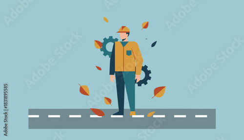 Construction worker illustration with gears cogs and autumn leaves Industrial maintenance concept