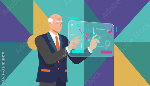 Executive analyzing holographic business data on a futuristic screen against an abstract background