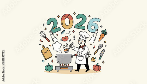 2026 New Year food concept Smiling chef cooking a meal surrounded by vegetables and happy kitchen tools