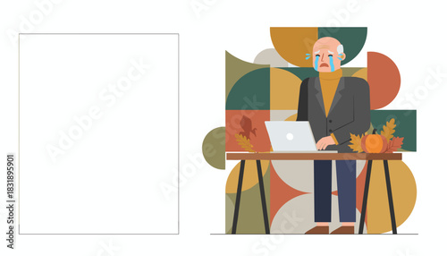 Senior man crying while using a laptop at an autumn desk Stress grief or financial despair