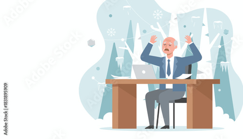 Stressed businessman overwhelmed by winter problems or frozen economy flat vector illustration with copy space