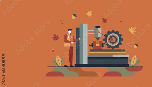 Industrial technician operating CNC machinery Flat illustration of manufacturing automation and autumn work