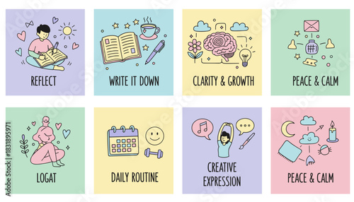 Mental wellness and selfcare icons reflection routine clarity and peace