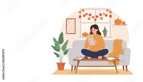 A worried woman uses a tablet in a cozy autumn living room while working remotely