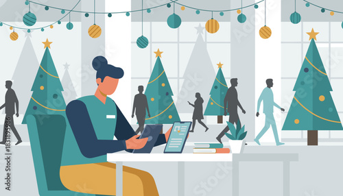 Professional working on technology in a modern office decorated for the Christmas holidays