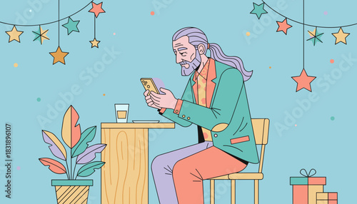 Stylish man checking his phone at a festive table Digital communication and modern lifestyle illustration