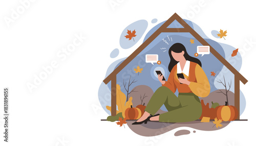 Social media addiction Woman busy texting on two phones indoors surrounded by autumn dcor