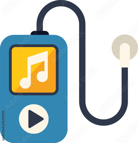 Blue mp3 music player with earbuds connected is playing music