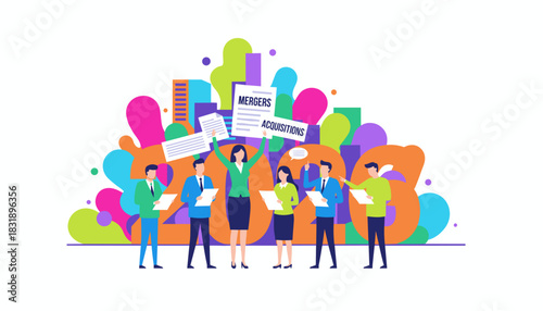 Successful MA team holding documents against a vibrant conceptual background illustration