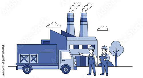 Factory workers and delivery truck outside industrial plant Logistics and manufacturing concept