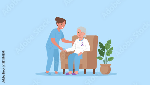 Professional caregiver assists senior woman with a purple ribbon Healthcare support and compassion