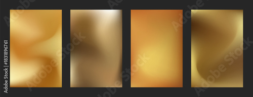 Gold aesthetic mesh gradient set. Soft blurry golden backgrounds for poster, apps, screen themes. Subtle gold ethereal metallic aura backdrops for any luxury design.