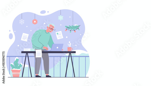 Stressed senior man frantically working on laptop during the winter holidays Pressure and deadlines