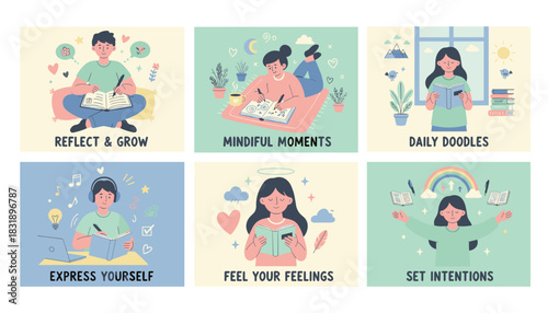 Journaling for selfcare Illustrations showing reflection mindfulness and personal growth activities