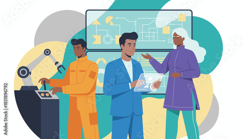 Diverse team manages industrial automation using robotics technology and advanced data analysis