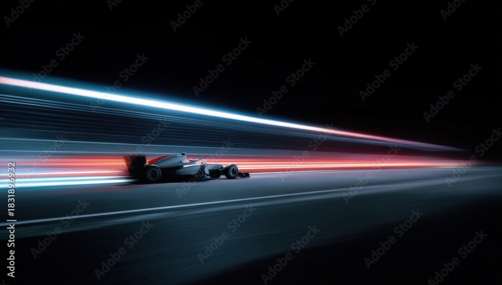 Fototapeta premium Sleek formula 1 car racing at night with dynamic light trails