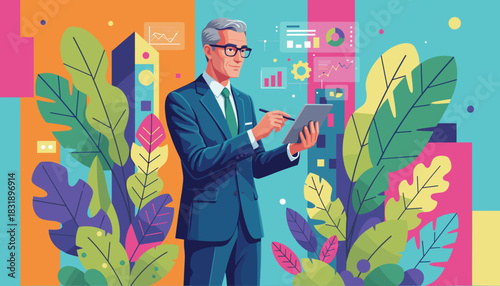 Focused businessman uses digital tablet amidst vibrant datarich urban nature illustration