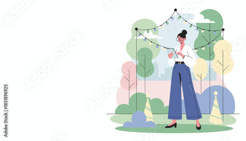 Professional woman planning a park party event using a digital tablet