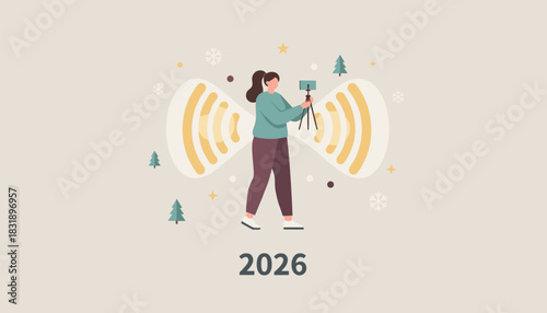 Creator live streaming content using a smartphone and tripod surrounded by winter elements for 2026