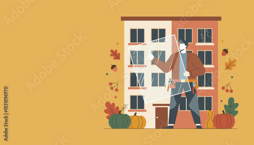 Glazier repairing a broken window in an apartment building during autumn home maintenance