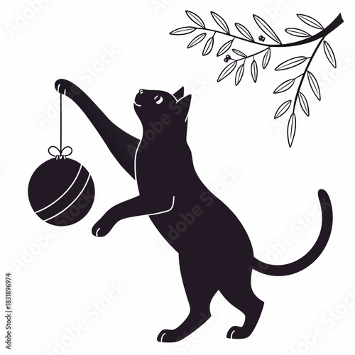 Silhouette of a cat standing on hind legs reaching for a bauble hanging from a branch with leaves | ai generated svg
