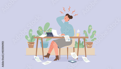 Businesswoman stressed with deadline chaos suffering headache during holiday season Vector illustration