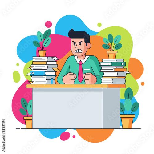 Angry businessman overwhelmed by excessive paperwork and stress Office workload burnout concept