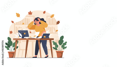 Stressed woman overwhelmed by autumn deadlines and exploding workload in the office Burnout concept