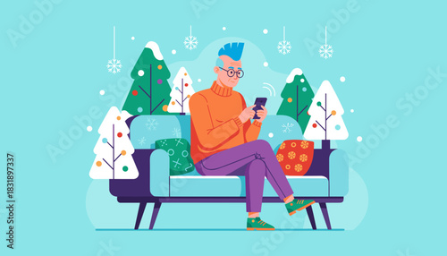 Stylish man uses phone on a couch in a festive snowy winter scene Holiday communication concept