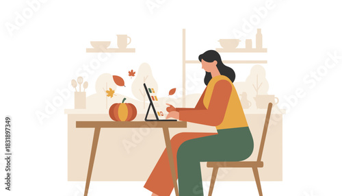 Autumn home lifestyle Woman shops online on a tablet with falling leaves and pumpkin illustration