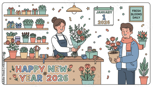 Happy New Year 2026 Florist giving customer flowers in a shop filled with plants and gifts