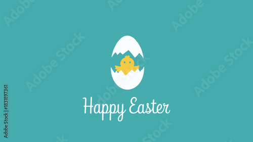 Cute yellow chick hatching from a cracked white egg with happy easter text on a teal background