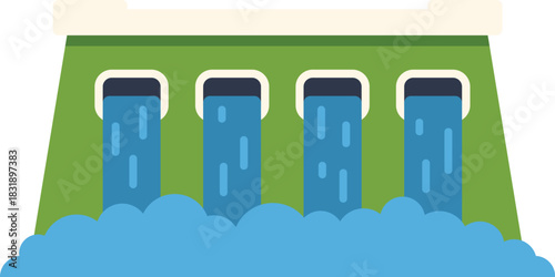 Water flowing through the hydroelectric dam, generating renewable energy