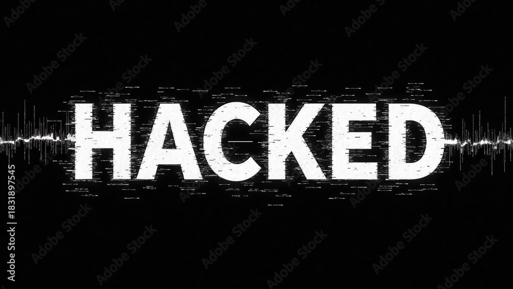 Fototapeta premium Hacked text on black background with glitch effect, representing cybersecurity issues and digital threats