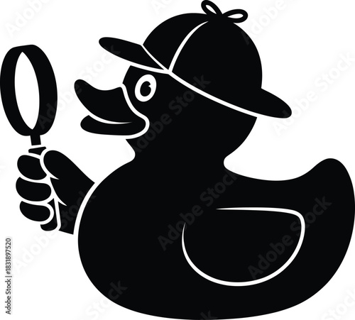A black silhouette of a duck detective holding a magnifying glass