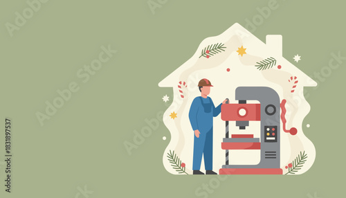 Bluecollar worker operates machine in a festive holiday home setting