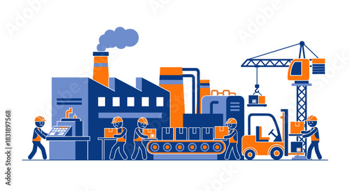 Industrial production illustration with factory conveyor belt workers forklift and crane