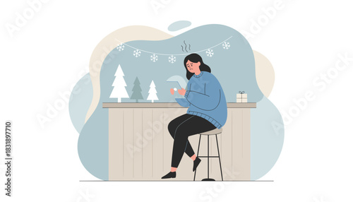 Depressed woman sits alone using a tablet during the Christmas season dealing with anxiety