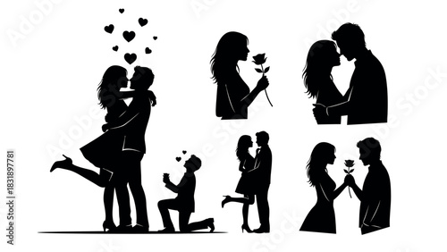 Romantic couple silhouette embracing in love