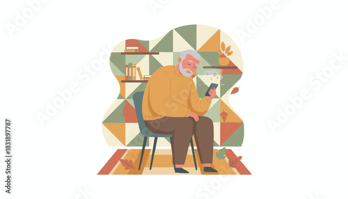 Tired elderly man sleeping with phone in hand resting in a cozy autumnal room setting