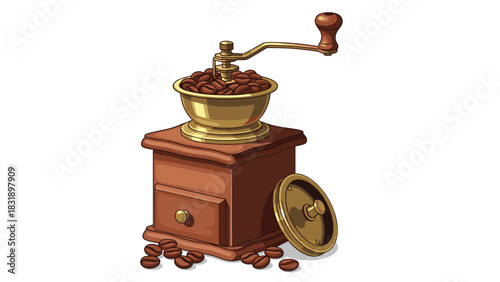 Classic coffee grinder brimming with beans, ready to brew rich flavor and aroma at home for a perfect morning ritual