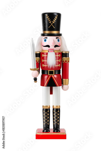 Wooden Nutcracker Soldier dressed in a red and gold uniform isolated on a transparent background, PNG. High resolution. Classic Christmas Decoration 