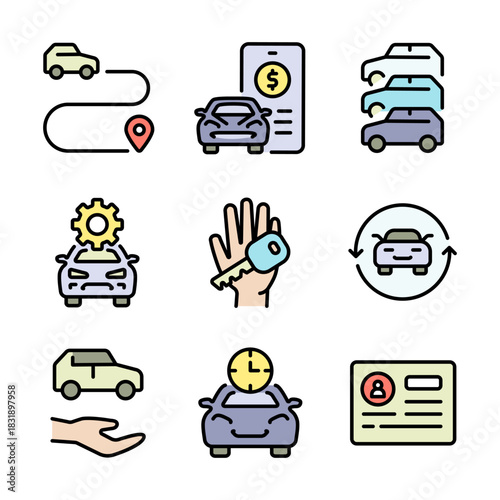 Car Sharing icons set includes driver, dealing, checking, license, app, sell route. Related car rent, repair, transport, and travel. Color symbols vector collection