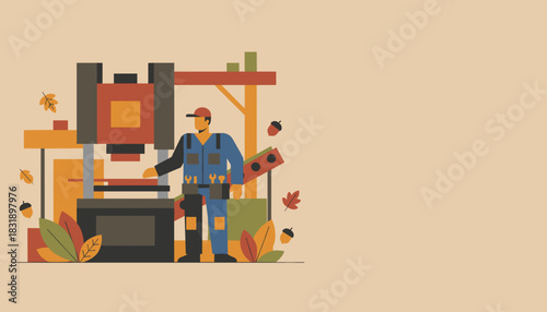 Skilled worker operating industrial press machine Modern vector flat design