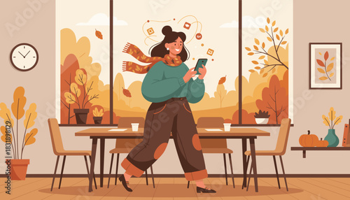 Smiling woman scrolls phone indoors Social media icons float in a cozy room overlooking autumn trees